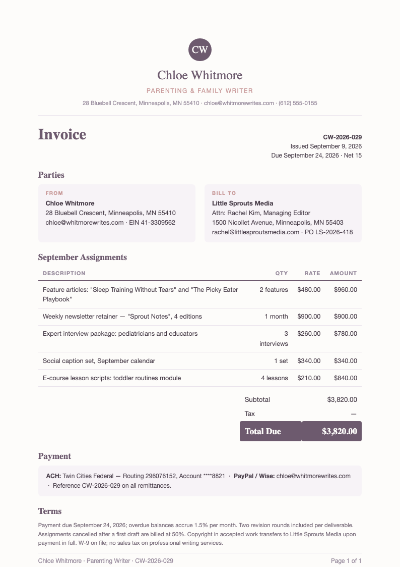 Soft pastel freelance writer invoice